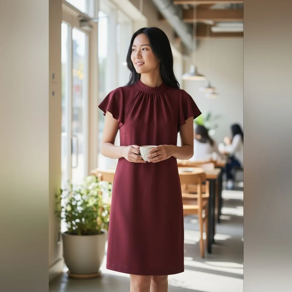 Calvin Klein Sz 4 Burgundy Mock Neck Ruffle Sleeve Sheath Dress